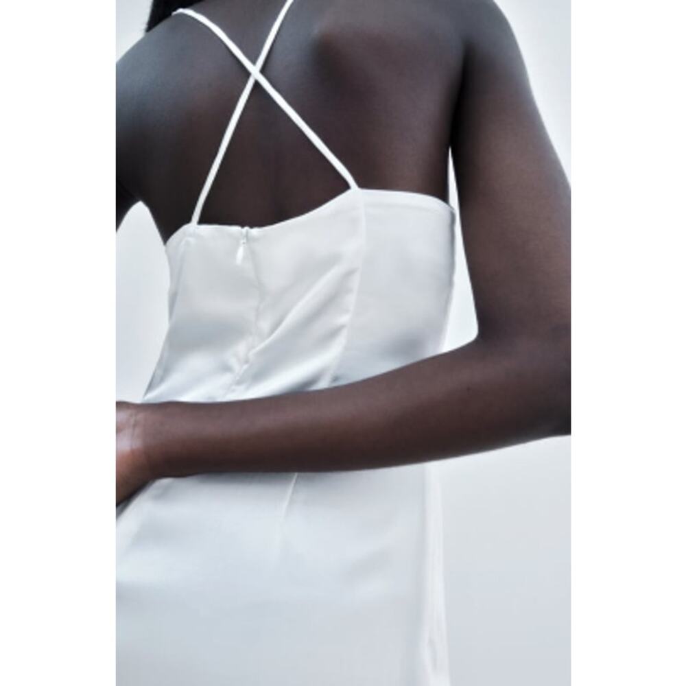 Zara White Satin Effect Spaghetti Strap Maxi / Midi Dress with Slit Size Small - Picture 4 of 11